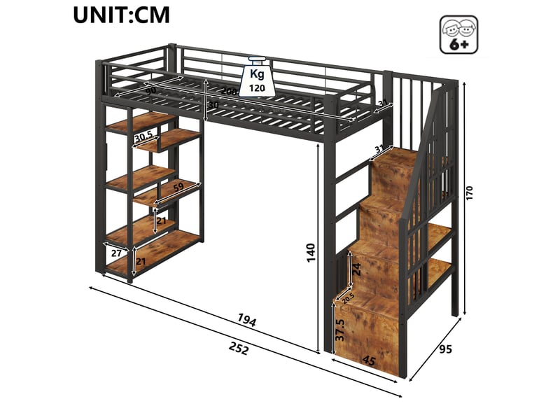 Lit mezzanine enfant 90x200 cm noir métal et mdf, escalier intégré, rangements et led multicolore - Conforama C