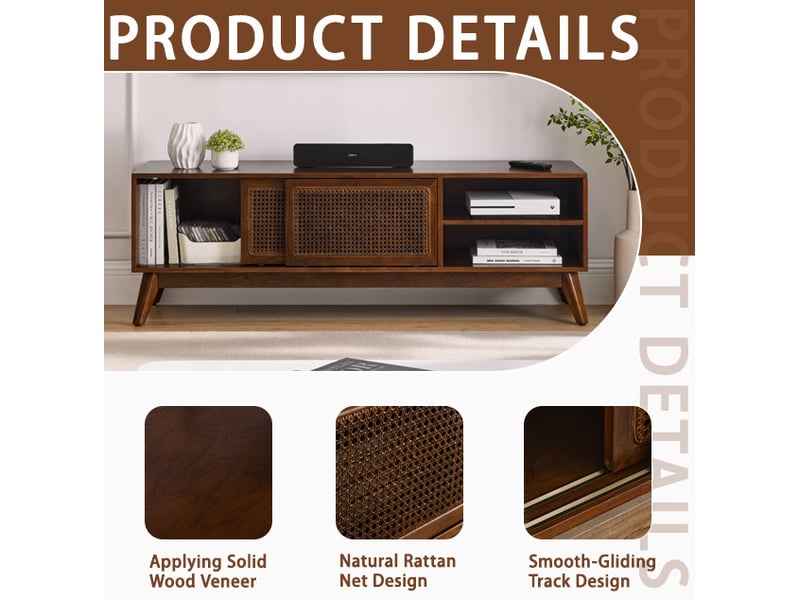  Meuble tv mid-century 150 cm effet noyer foncé, portes en rotin, pour tv 65  - Conforama E