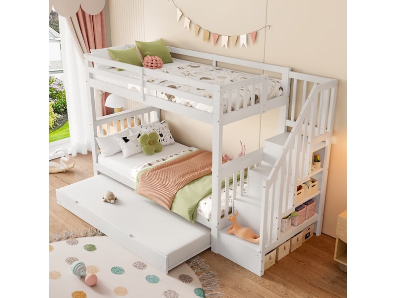  Lit superposé enfant 90x200 cm avec lit gigogne et escalier de rangement blanc  - Conforama D