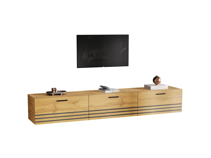  Meuble tv mural avec 3 tiroirs 160x30x25,5 cm coloris bois naturel  - Conforama A