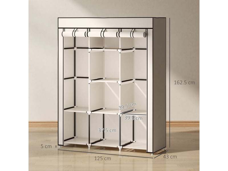  Armoire gain de place avec socle surélevé, 8 étagères et 2 tringles, en tissu non tissé et acier, couleur crème.  - Conforama E