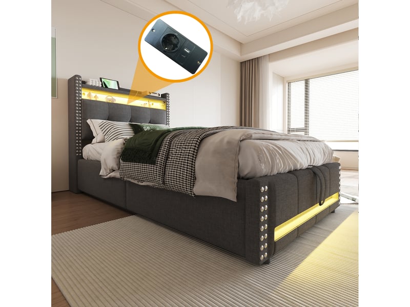  Lit enfant rembourré 90x200 led usb, tissu lin gris, rangement hydraulique  - Conforama D