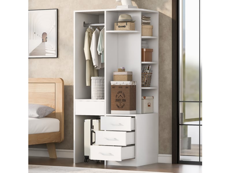  Armoire 70x55x175 cm blanche avec penderie ouverte, étagères et 3 tiroirs  - Conforama B