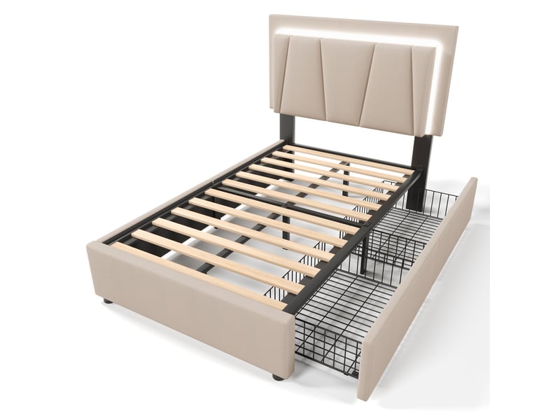  Lit enfant capitonné,90x200 cm,avec led,tête réglable,2 tiroirs,bois,beige,matelas inclus  - Conforama A