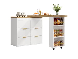 Table de bar pivotante 128-203x39x90 cm en mdf et métal avec 6 tiroirs blanc chicfurn