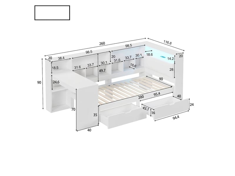  Lit d'angle 90x200 lit avec bureau et bibliothèque avec tiroirs blanc  - Conforama D