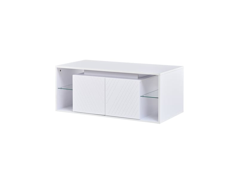  Table basse blanche 100×50×41 cm, table basse moderne avec éclairage led, table d'appoint, table de canapé, table de salon, étagère semi-ouverte et 2 portes, panneaux de particules, charge maximale 30 kg pour le salon  - Conforama D