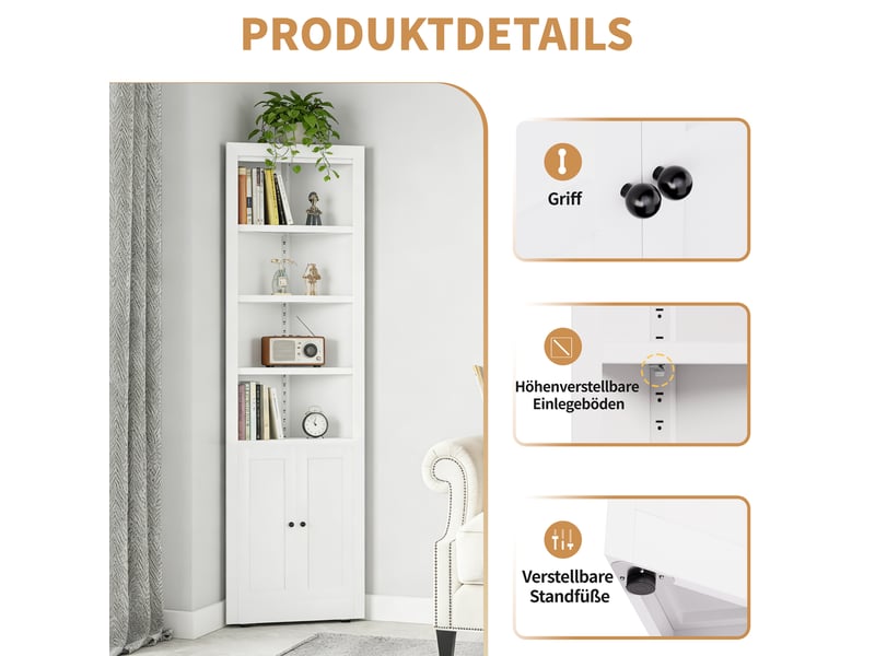  Armoire d'angle blanc 2 portes, 5 niveaux et tablettes réglables, armoire métallique autoportante gain de place  - Conforama D