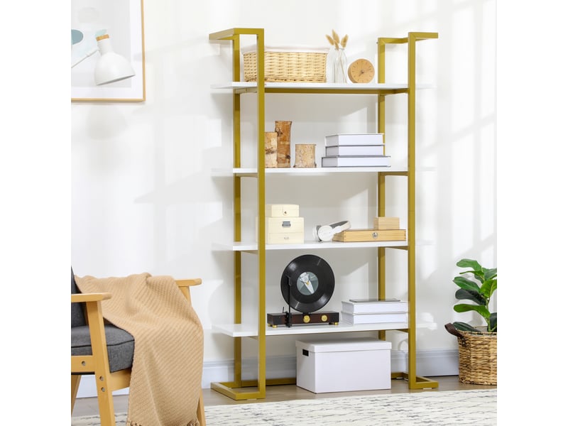  Bibliothèque surélevée à 4 niveaux, multifonctionnelle, en mdf et acier, 92 x 35 x 152 cm, blanc et or  - Conforama D