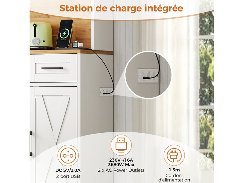  Buffet de cuisine haut 105 x 40 x 180 cm – naturel et blanc – led rgb, prises usb et casier à vin amovible  - Conforama E
