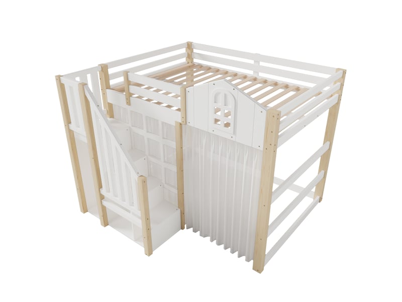 Lit mezzanine blanc et naturel 140 × 200 cm, led, échelle avec rangement et fenêtre - Conforama D