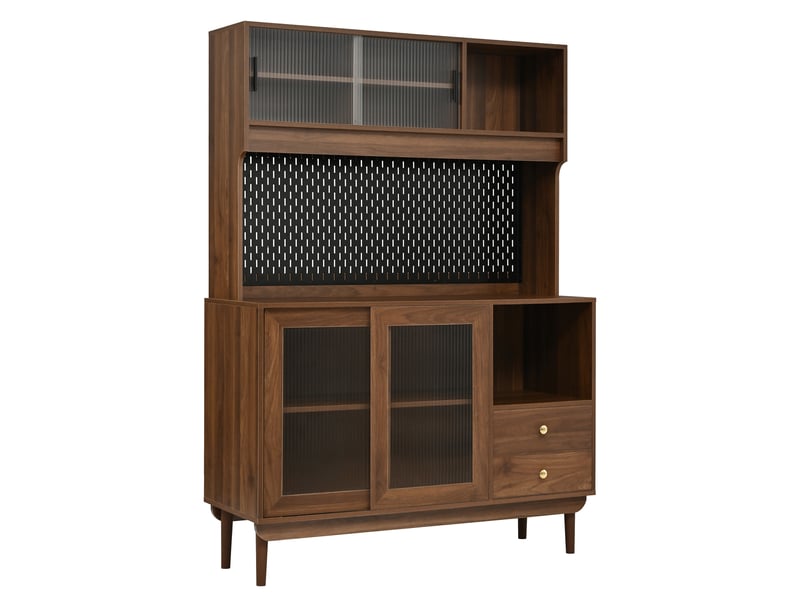  Buffet de cuisine 117 x 30 x 170 cm, 4 portes coulissantes en verre rainuré, 2 tiroirs, niches, panneau arrière perforé, noyer evarich - Conforama A
