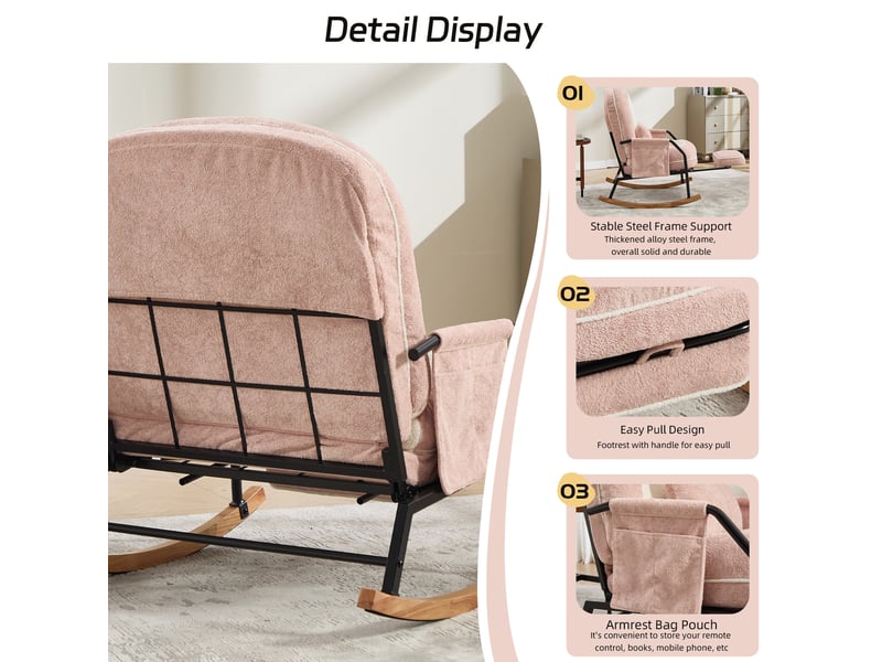 Fauteuil à bascule rose en tissu, dossier réglable de 100 à 160° avec repose-pieds et poches latérales - Conforama E