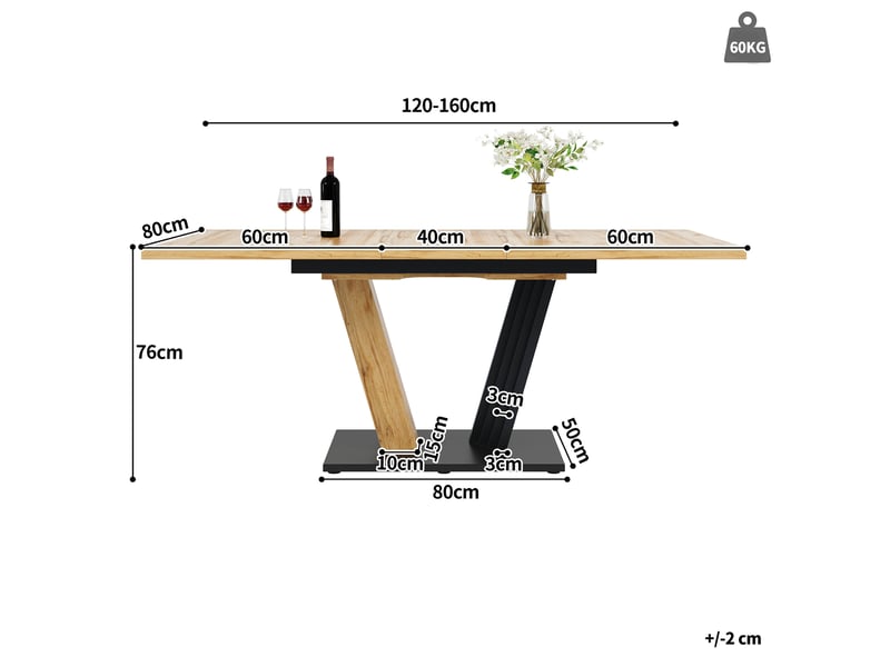 Table extensible 120160 x 80 x 76 cm cuisine & salon, optique bois, pieds en forme d’aile  - Conforama C