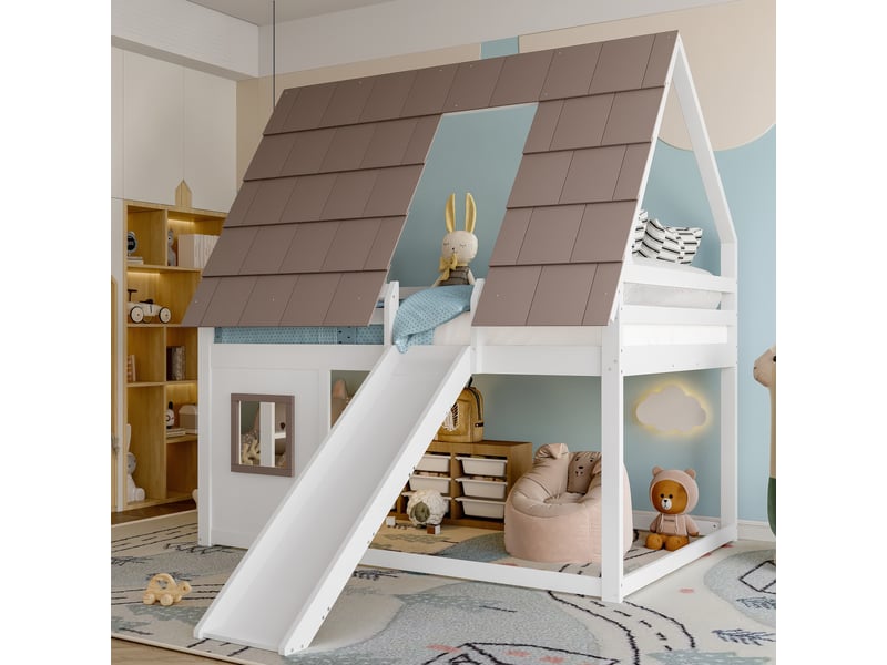 Lit superposé enfant 140x200 cm, forme maison, toboggan, échelle, barrières de sécurité, pin et mdf, blanc et marron OMNIGLINT TRADING LTD - Conforama D