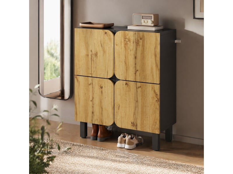  Meuble à chaussures 4 portes avec étagères réglables et fermeture amortie, noir et décor bois naturel  - Conforama B