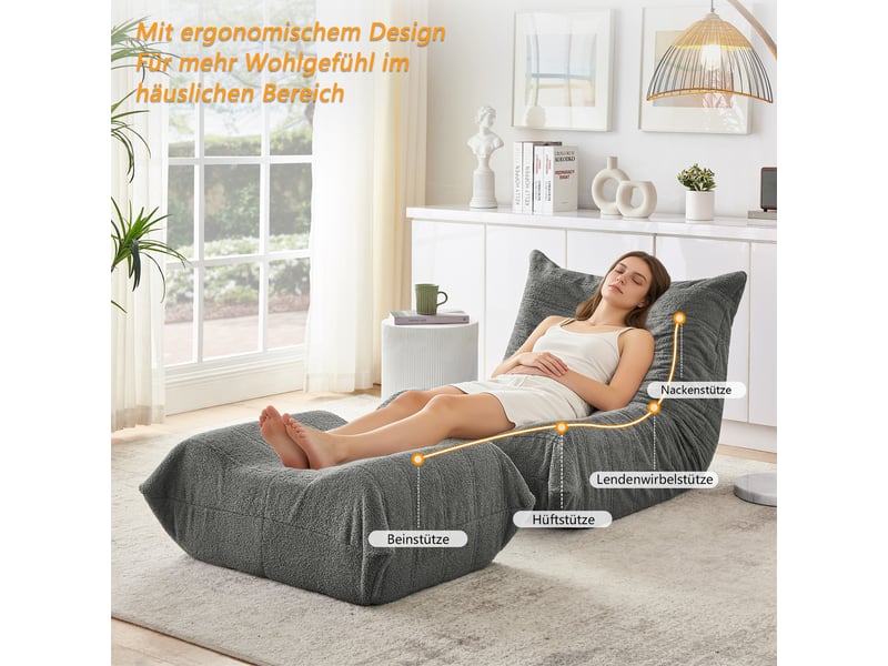  Fauteuil relax gris avec dossier et pouf, tissu teddy doux, siège de sol confortable pour salon, chambre, bureau et appartement  - Conforama C