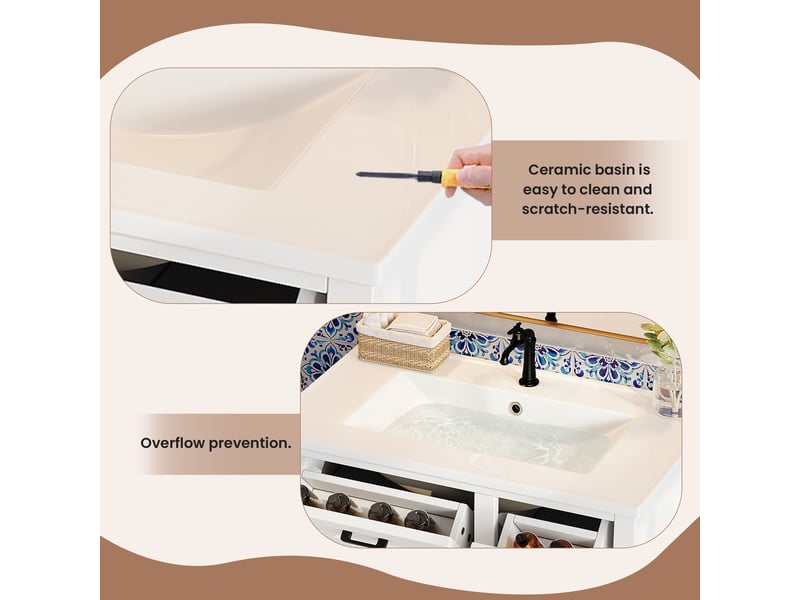  Meuble sous vasque avec 1 porte, 4 tiroirs et vasque en céramique pour salle de bain, mdf blanc, 76×47×82 cm  - Conforama E