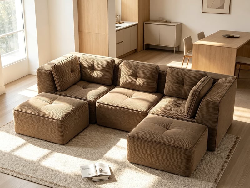  Canapé modulable 3 places avec pouf, assise profonde en tissu côtelé et agencement flexible, 69 × 297 × 177 cm, marron  - Conforama B