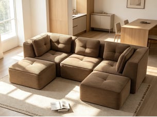 Canapé modulable 3 places avec pouf, assise profonde en tissu côtelé et agencement flexible, 69 × 297 × 177 cm, marron