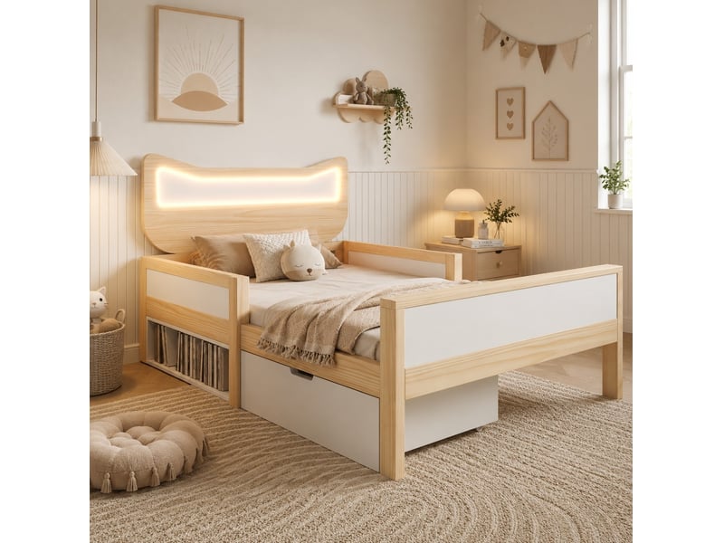 Lit enfant 90 × 190 cm avec tête de lit chats, led rgb, sommier, tiroir et rangements, blanc et chêne en bois - Conforama D