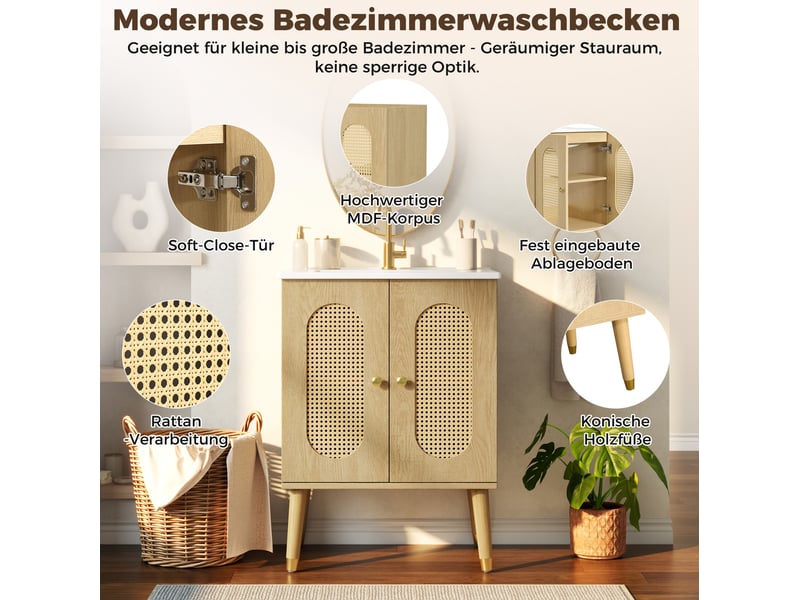  Meuble sous vasque 2 portes en rotin 2 étagères fixes avec vasque en céramique pour salle de bain 61 × 47 × 89 cm  - Conforama E