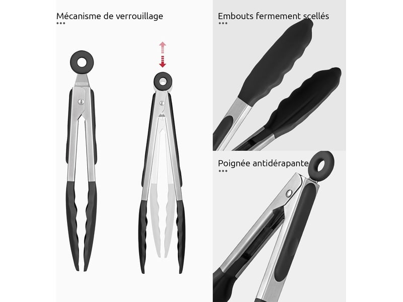  Pince de cuisine en silicone résistant à la chaleur avec embouts en caoutchouc antiadhésif hermétiquement scellés et poignée en acier (noir) No Commercial reference - Conforama D