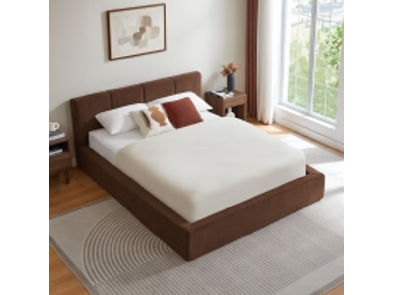 Lit double compressé 140x200 cm, coloris brun, tête de lit capitonnée en mousse, structure en acier renforcé, sans matelas, pour chambre adulte Luxe haut de gamme - Conforama B