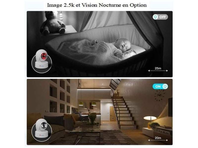  Caméra wifi intérieure ptz 2.5k 4mp vision nocturne couleur 20 m détection humaine audio bidirectionnel  - Conforama D