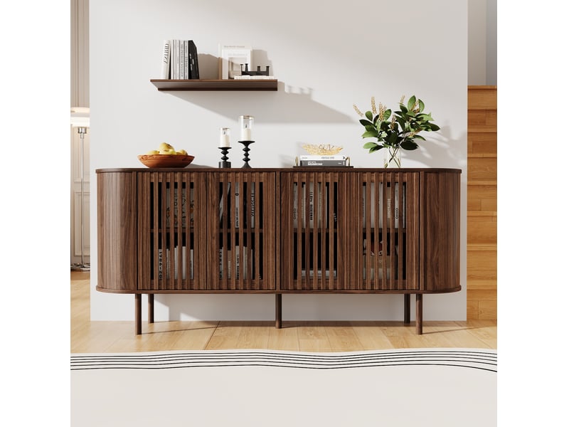  Buffet bas 4 portes coulissantes perforées, étagères réglables, mdf noyer pour salle à manger 160 × 40 × 70 cm  - Conforama E