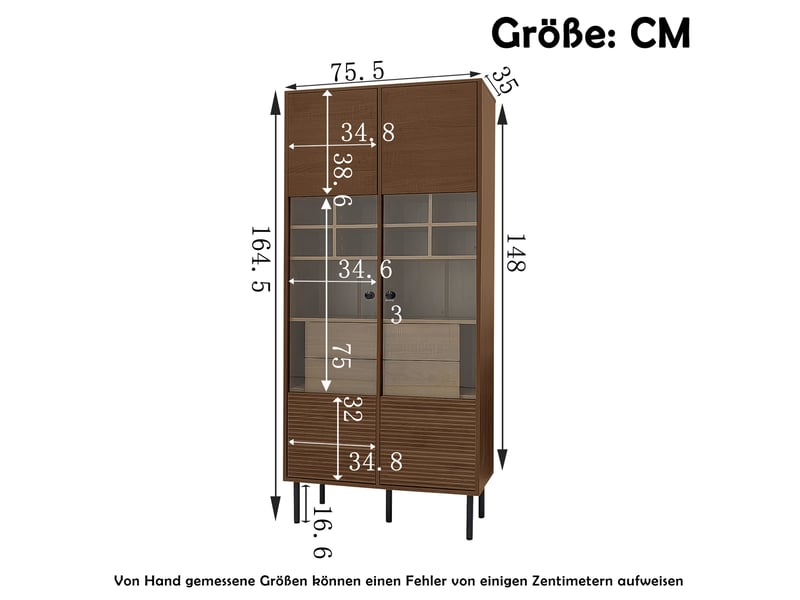  Meuble vitrine 75.5x35x164.5 cm, porte en verre, tiroir, bibliothèque, pour intérieur, en verre, métal et mdf, marron  - Conforama C
