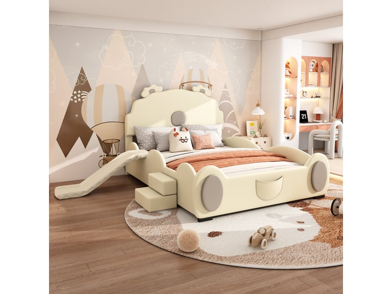  Lit enfant 140 x 200 cm, motif ours, avec toboggan et échelle, en polyuréthane beige, facile à nettoyer, forme adorable.  - Conforama B