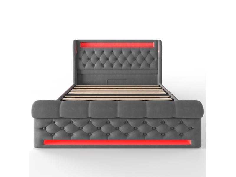  Lit coffre adulte 160x200 cm – gris – rangement hydraulique, led, ports usb et type-c, avec matelas  - Conforama D