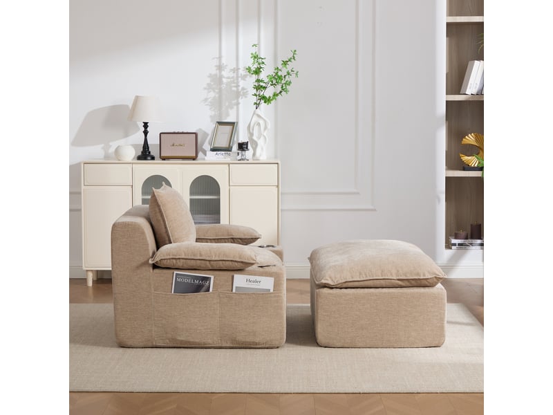  Chaise longue en chenille – 4 coussins – porte-gobelet – sans montage – kaki clair  - Conforama E