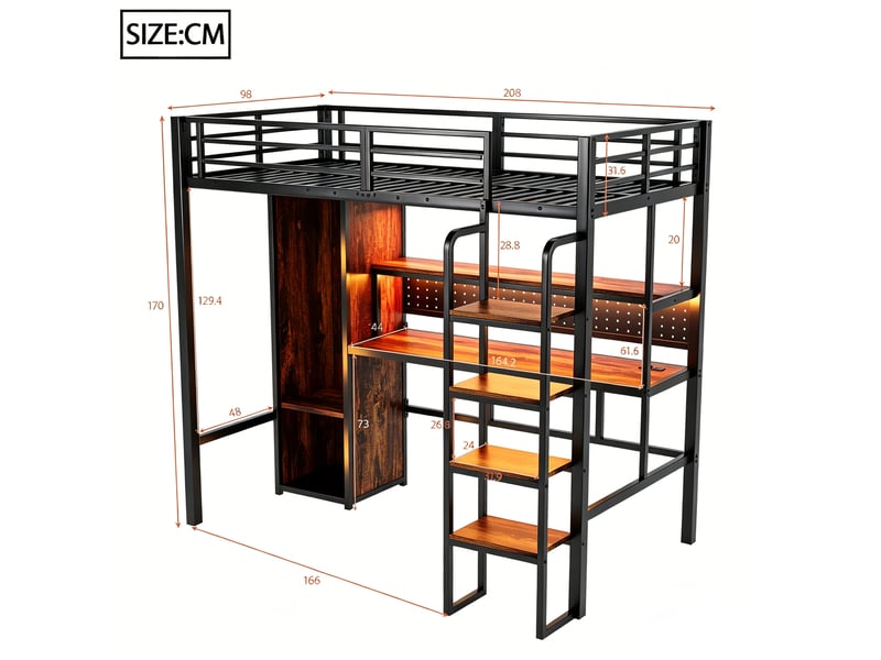  Lit mezzanine 90x200 cm avec bureau et led multicolores en métal et mdf noir  - Conforama E