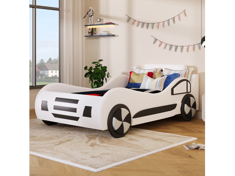 Lit enfant voiture 90 x 200 cm blanc en mdf et pu, sommier à lattes avec rangement hydraulique sous le couchage - Conforama B