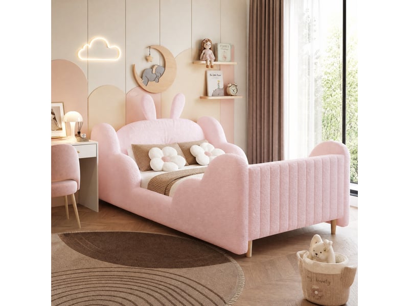  Lit enfant 90x200 cm rembourré avec coussin lapin et côtés nuage, rose  - Conforama C
