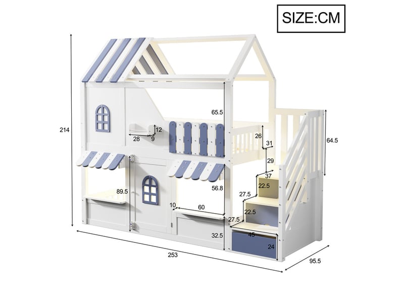 Lit superposé enfant 90 x 200 cm - avec échelle de rangement - avec lumière led - avec 1 porte - blanc + bleu (matelas non inclus) - Conforama C