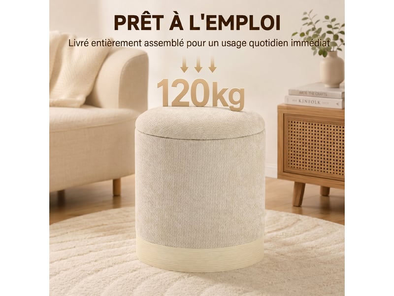  Pouf coffre rangement, tabouret rond en chenille, beige, pouf repose-pieds avec base en métal effet bois  - Conforama W