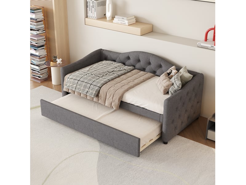  Modenvie lit gigogne 90x200 cm - revetement en lin, lit d'appoint coulissant, sans matelas - gris  - Conforama E