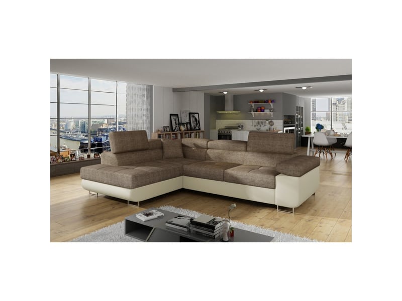 Canapé d'angle convertible menton beige et marron bouclé – angle gauche avec coffre - Conforama B