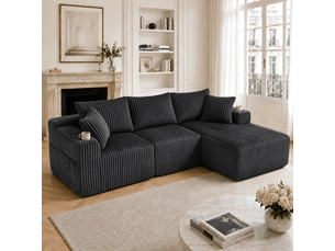 Canapé modulable avec méridienne 3 places velours côtelé 257x160 cm gris avec coussins et porte-gobelets