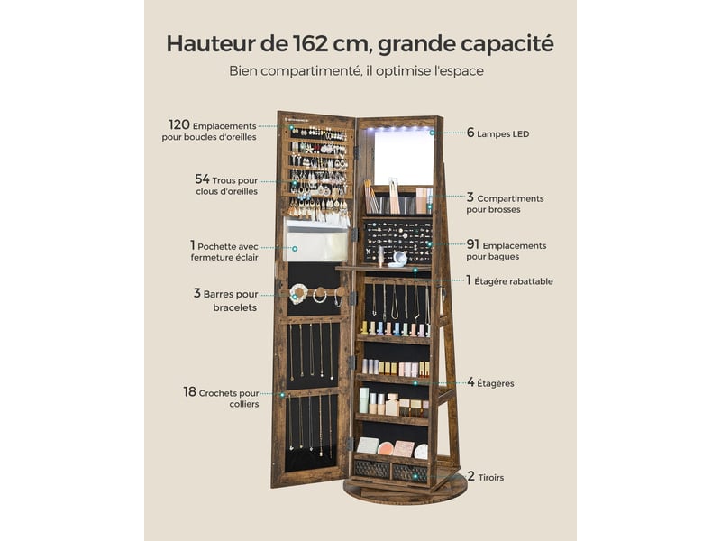 Armoire à bijoux avec miroir sur pieds verrouillable avec 6 led rangement bijoux pivotant à 360° miroir psyché sans cadre 3 étagères de rangement marron 12_0003930  - Conforama C