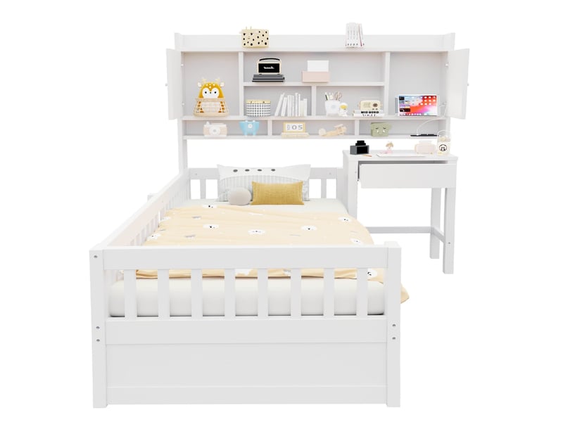  Lit simple en bois, 90 × 200 cm, avec rangement intégré, bureau et tiroirs, éclairage led et prise électrique, barrière de sécurité, blanc  - Conforama A