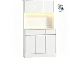 Buffet de cuisine haut 100 x 38 x 180 cm – blanc – led rgb, 6 portes, 2 tiroirs et plan de travail