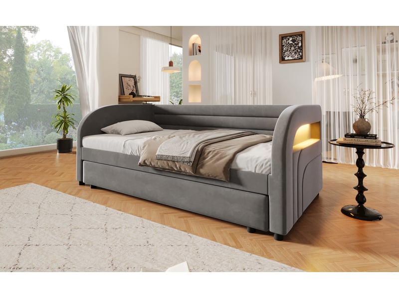  Lit banquette gigogne 90 × 200 cm, revêtement velours et led, gris  - Conforama B