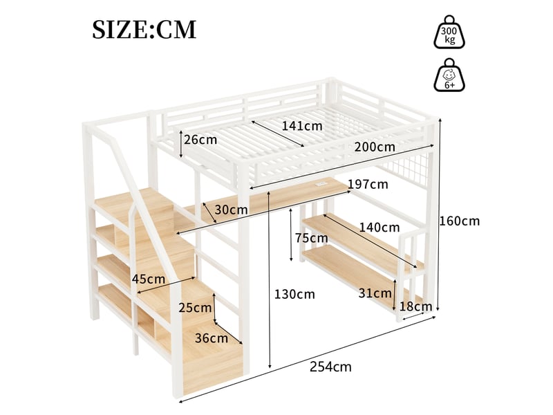  Lit mezzanine blanc 140 × 200 cm, bureau, led, rangements, 2 usb, type-c et grille suspendue  - Conforama C