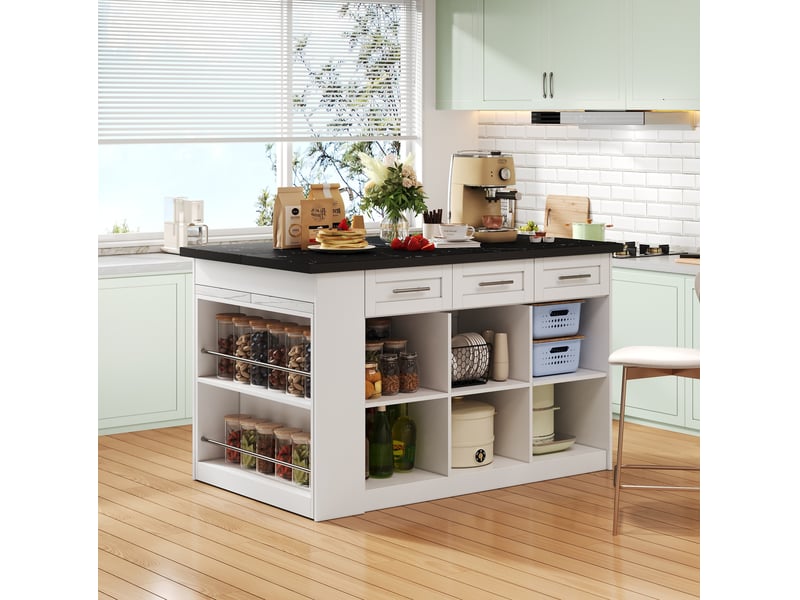  Desserte de cuisine avec table extensible, 6 tiroirs, 3 portes et étagères réglables, blanc, en mdf, 150 × 90 × 90 cm  - Conforama D