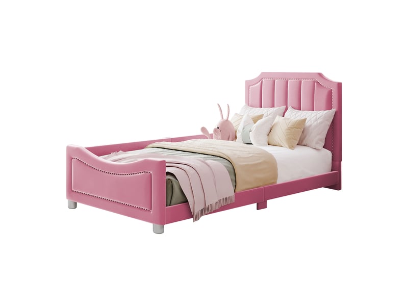  Lit enfant rembourré 90*200cm en flanelle, canapé-lit multifonction avec dossier et accoudoirs, rose  - Conforama A