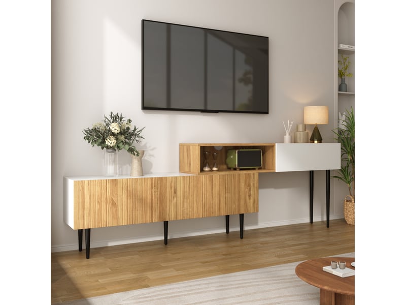  Meuble tv modenvie modulable à longueur réglable avec rangement blanc mat et décor bois  - Conforama B